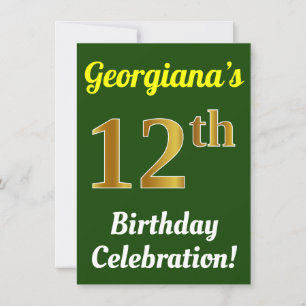 Green, Faux Gold 12th Birthday Celebration + Name Invitation