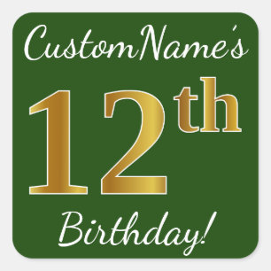 Green, Faux Gold 12th Birthday + Custom Name Square Sticker