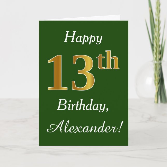 Green, Faux Gold 13th Birthday + Custom Name Card (Front)
