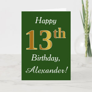Green, Faux Gold 13th Birthday + Custom Name Card