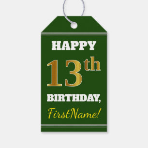 Green, Faux Gold 13th Birthday + Custom Name Gift Tags