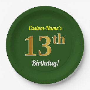 Green, Faux Gold 13th Birthday + Custom Name Paper Plate