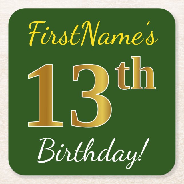Green, Faux Gold 13th Birthday + Custom Name Square Paper Coaster (Front)