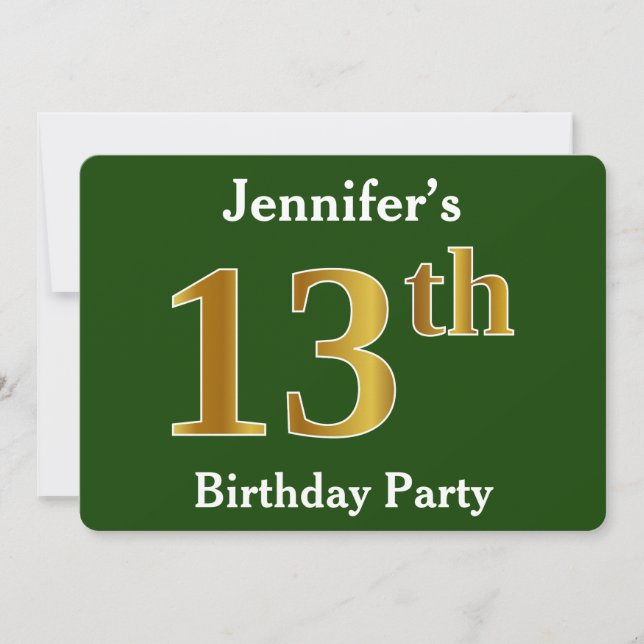 Green, Faux Gold 13th Birthday Party + Custom Name Invitation (Front)