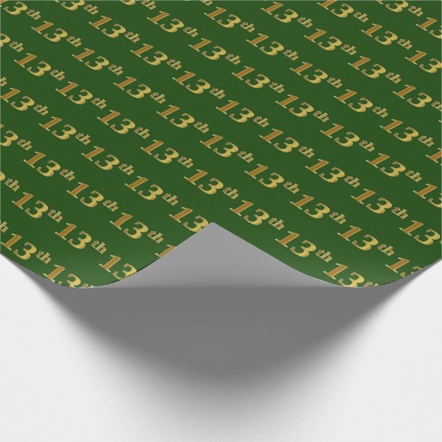 Green, Faux Gold 13th (Thirteenth) Event Wrapping Paper (Corner)