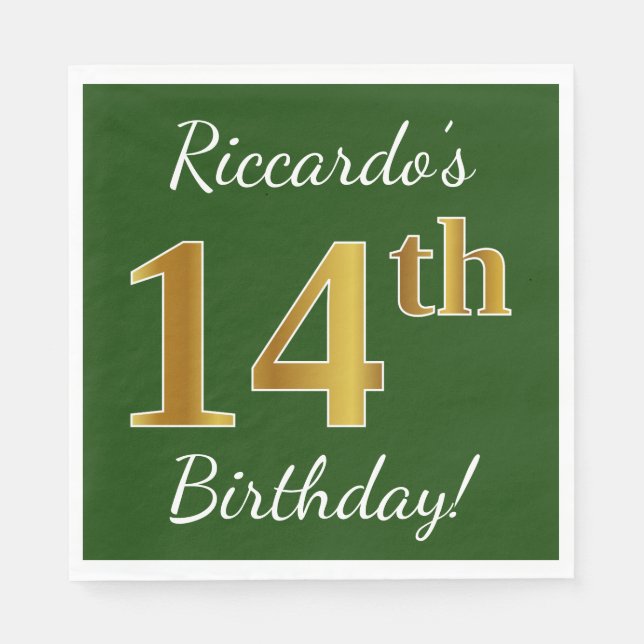 Green, Faux Gold 14th Birthday + Custom Name Napkin (Front)