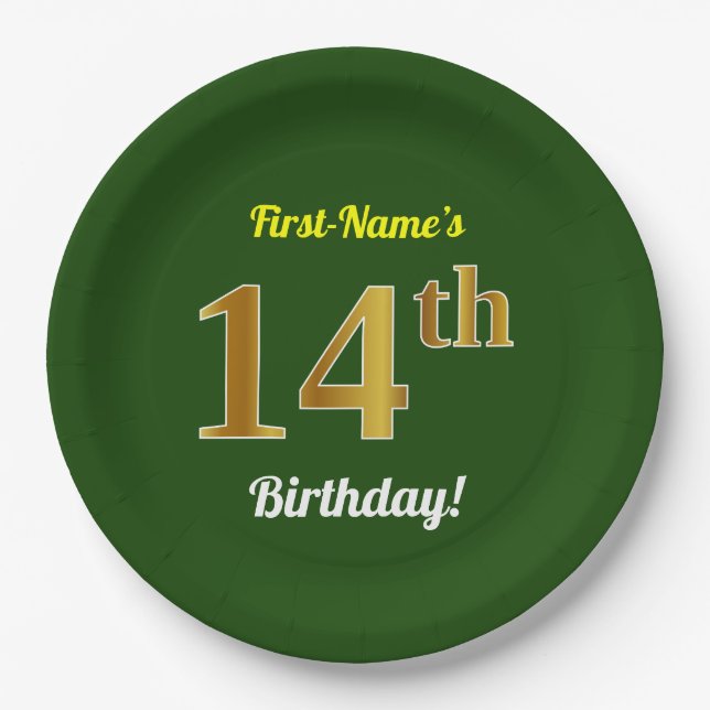 Green, Faux Gold 14th Birthday + Custom Name Paper Plate (Front)