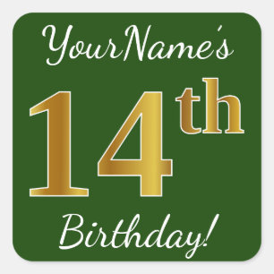 Green, Faux Gold 14th Birthday + Custom Name Square Sticker