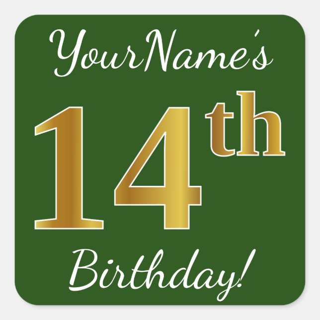 Green, Faux Gold 14th Birthday + Custom Name Square Sticker (Front)
