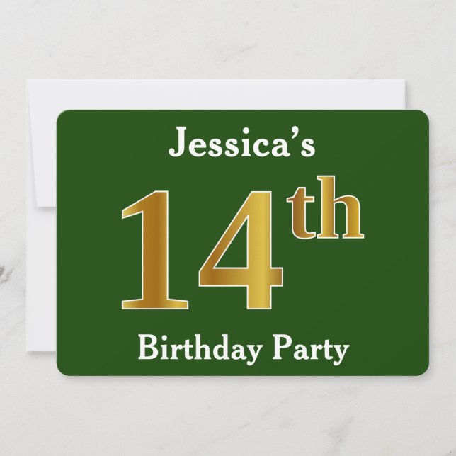 Green, Faux Gold 14th Birthday Party + Custom Name Invitation (Front)