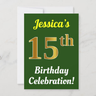 Green, Faux Gold 15th Birthday Celebration + Name Invitation