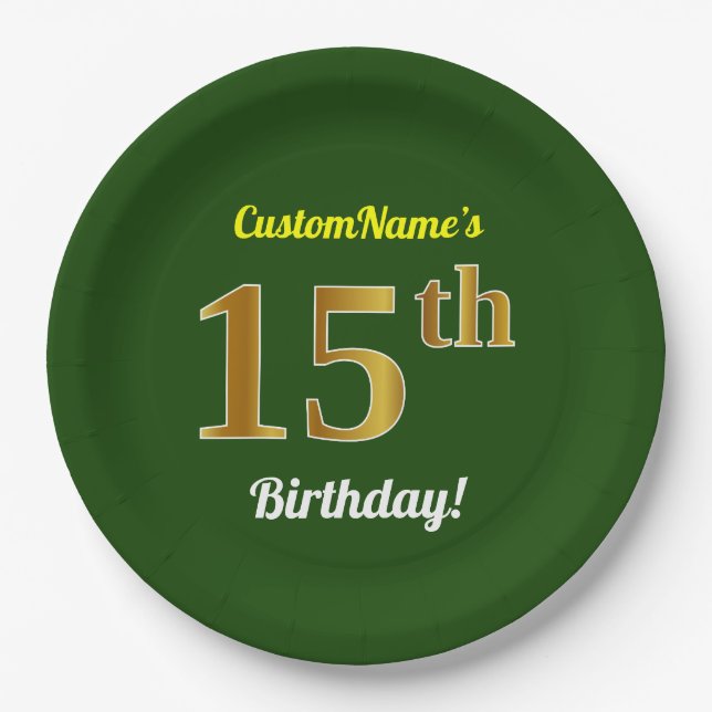 Green, Faux Gold 15th Birthday + Custom Name Paper Plate (Front)