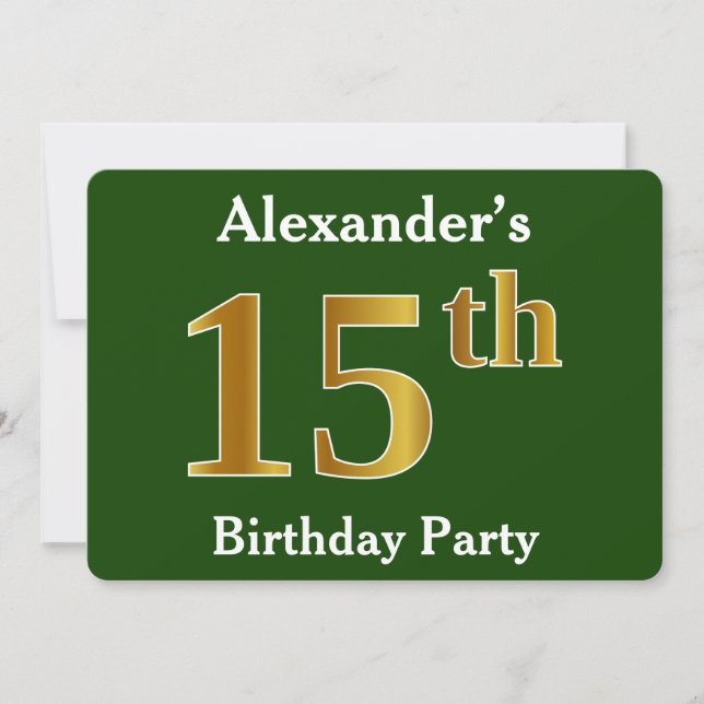 Green, Faux Gold 15th Birthday Party + Custom Name Invitation (Front)