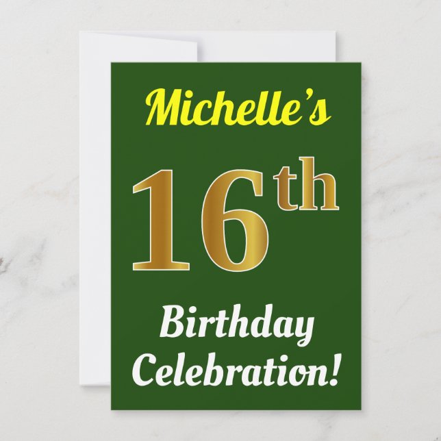 Green, Faux Gold 16th Birthday Celebration + Name Invitation (Front)