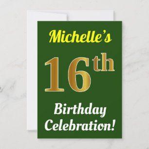 Green, Faux Gold 16th Birthday Celebration + Name Invitation