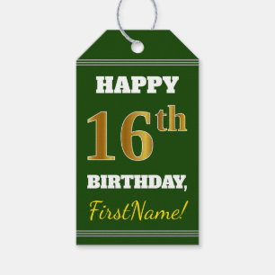 Green, Faux Gold 16th Birthday + Custom Name Gift Tags