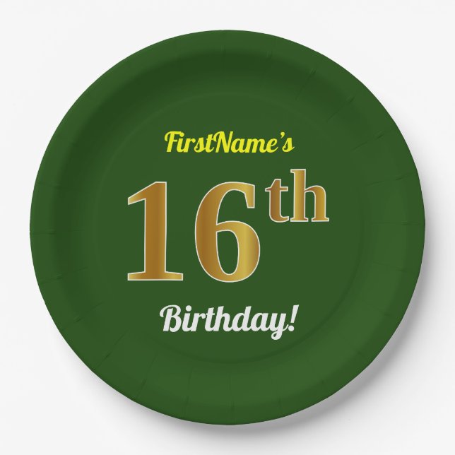 Green, Faux Gold 16th Birthday + Custom Name Paper Plate (Front)