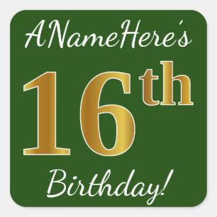 Green, Faux Gold 16th Birthday + Custom Name Square Sticker