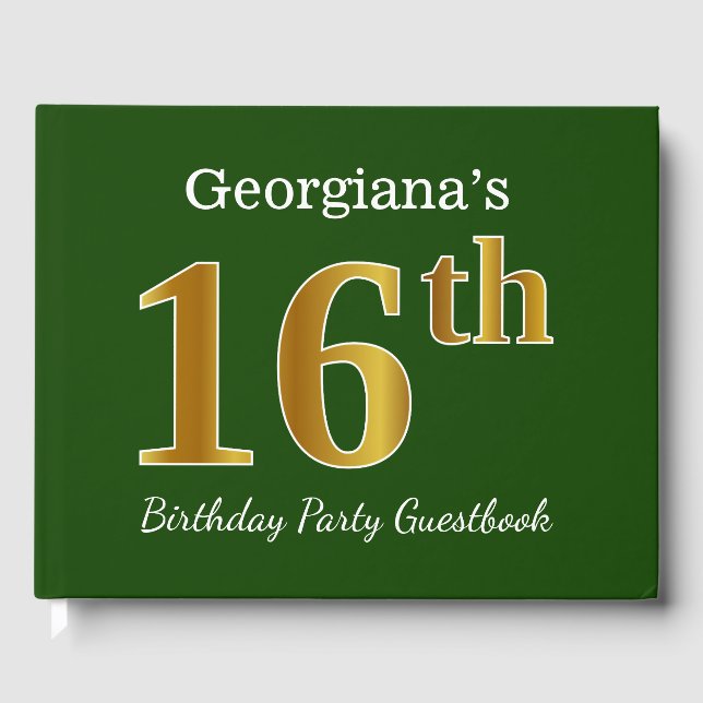 Green, Faux Gold 16th Birthday Party + Custom Name Guest Book (Front)