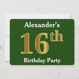 Green, Faux Gold 16th Birthday Party + Custom Name Invitation