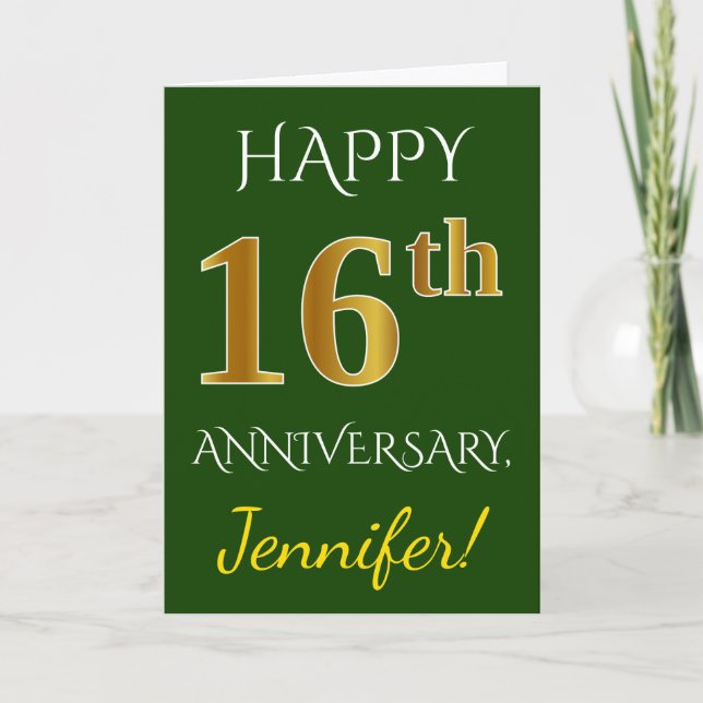 Green, Faux Gold 16th Wedding Anniversary + Name Card (Front)