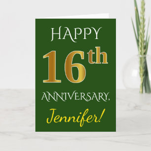 Green, Faux Gold 16th Wedding Anniversary + Name Card