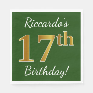Green, Faux Gold 17th Birthday + Custom Name Napkin