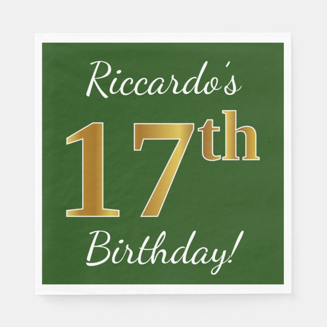 Green, Faux Gold 17th Birthday + Custom Name Napkin (Front)