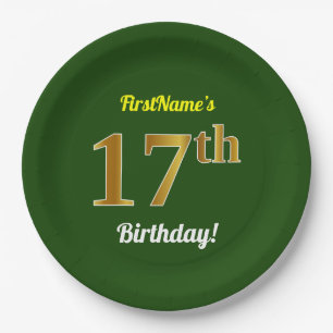 Green, Faux Gold 17th Birthday + Custom Name Paper Plate