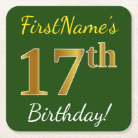 Green, Faux Gold 17th Birthday + Custom Name