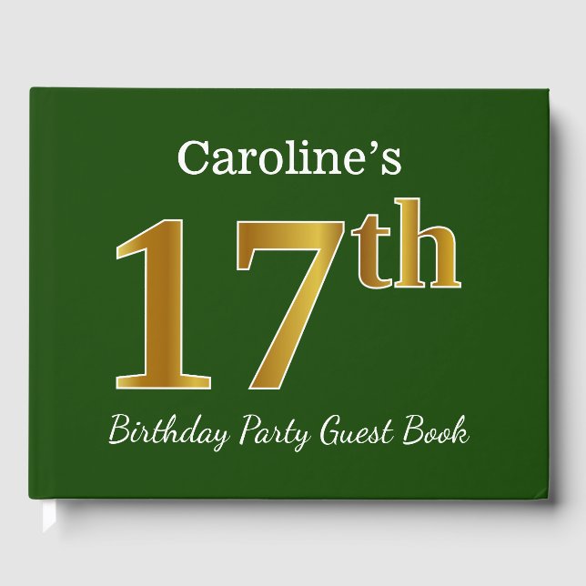 Green, Faux Gold 17th Birthday Party + Custom Name Guest Book (Front)