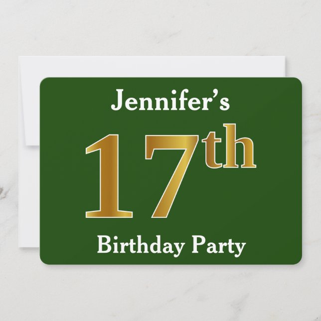 Green, Faux Gold 17th Birthday Party + Custom Name Invitation (Front)