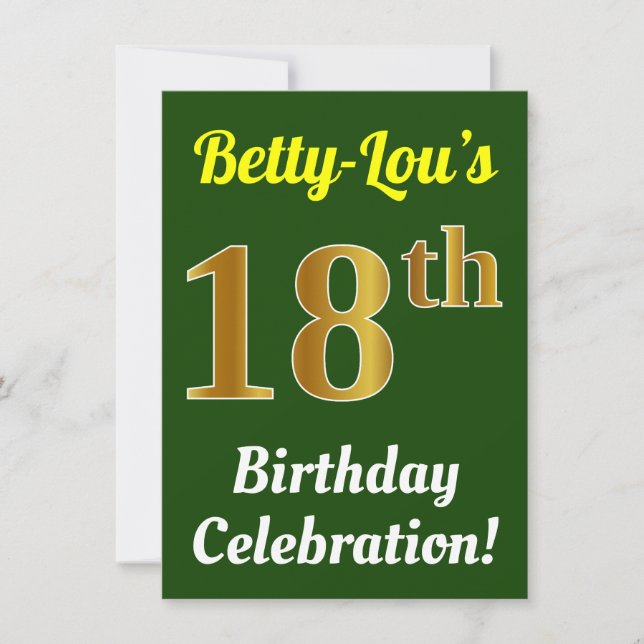 Green, Faux Gold 18th Birthday Celebration + Name Invitation (Front)