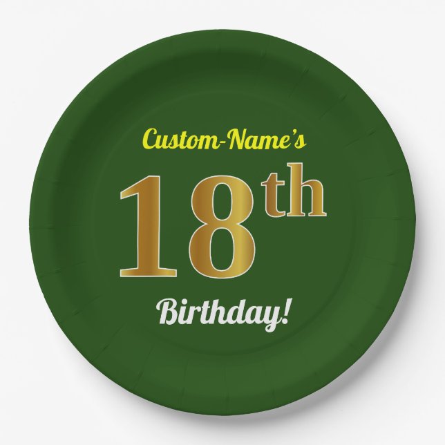 Green, Faux Gold 18th Birthday + Custom Name Paper Plate (Front)