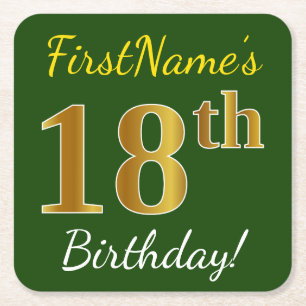 Green, Faux Gold 18th Birthday + Custom Name Square Paper Coaster