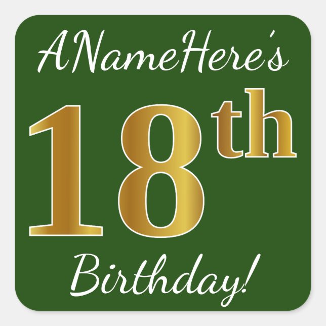 Green, Faux Gold 18th Birthday + Custom Name Square Sticker (Front)