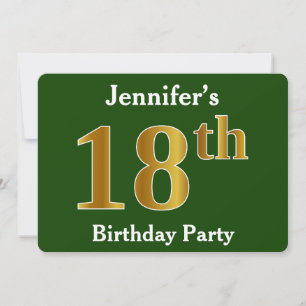 Green, Faux Gold 18th Birthday Party + Custom Name Invitation