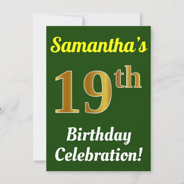 Green, Faux Gold 19th Birthday Celebration + Name Invitation (Front)