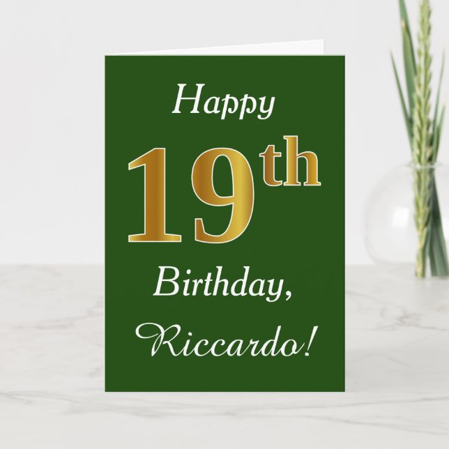Green, Faux Gold 19th Birthday + Custom Name Card (Front)