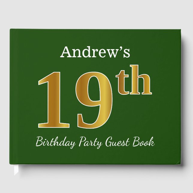 Green, Faux Gold 19th Birthday Party + Custom Name Guest Book (Front)