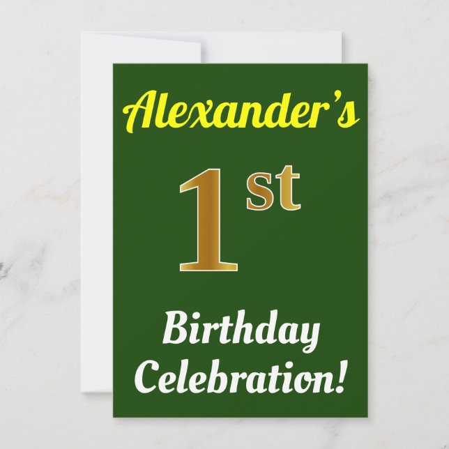 Green, Faux Gold 1st Birthday Celebration + Name Invitation (Front)