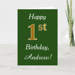Green, Faux Gold 1st Birthday + Custom Name Card