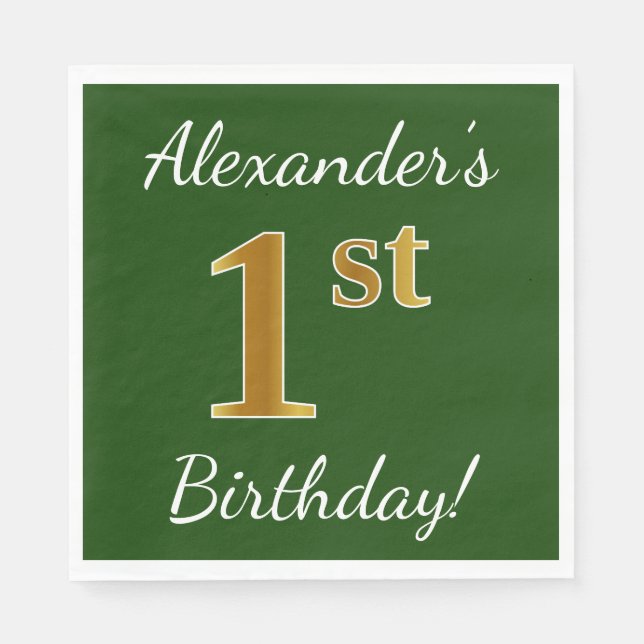 Green, Faux Gold 1st Birthday + Custom Name Napkin (Front)