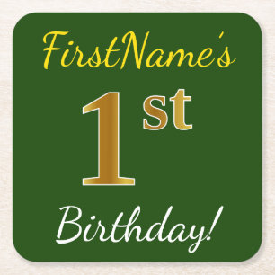 Green, Faux Gold 1st Birthday + Custom Name Square Paper Coaster