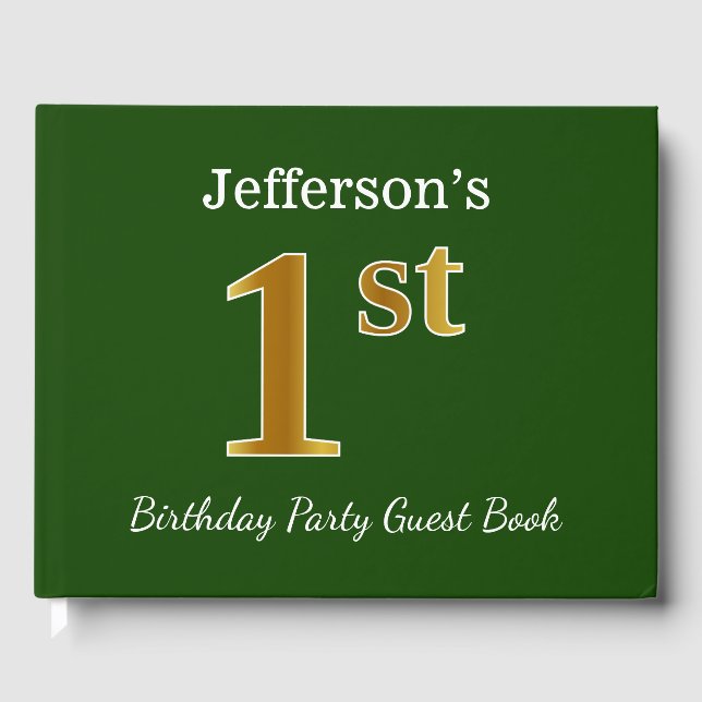Green, Faux Gold 1st Birthday Party + Custom Name Guest Book (Front)