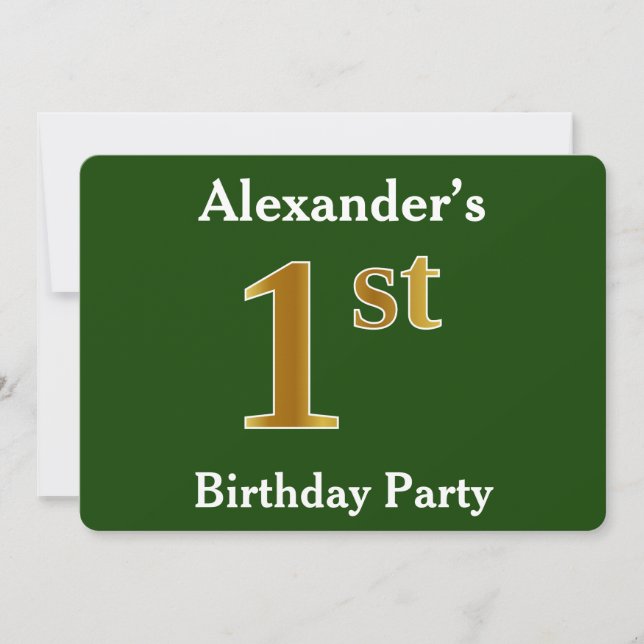 Green, Faux Gold 1st Birthday Party + Custom Name Invitation (Front)