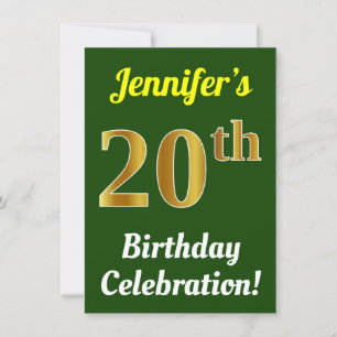 Green, Faux Gold 20th Birthday Celebration + Name Invitation