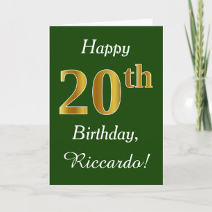 Green, Faux Gold 20th Birthday + Custom Name Card