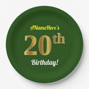 Green, Faux Gold 20th Birthday + Custom Name Paper Plate