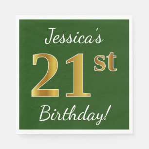 Green, Faux Gold 21st Birthday + Custom Name Napkin